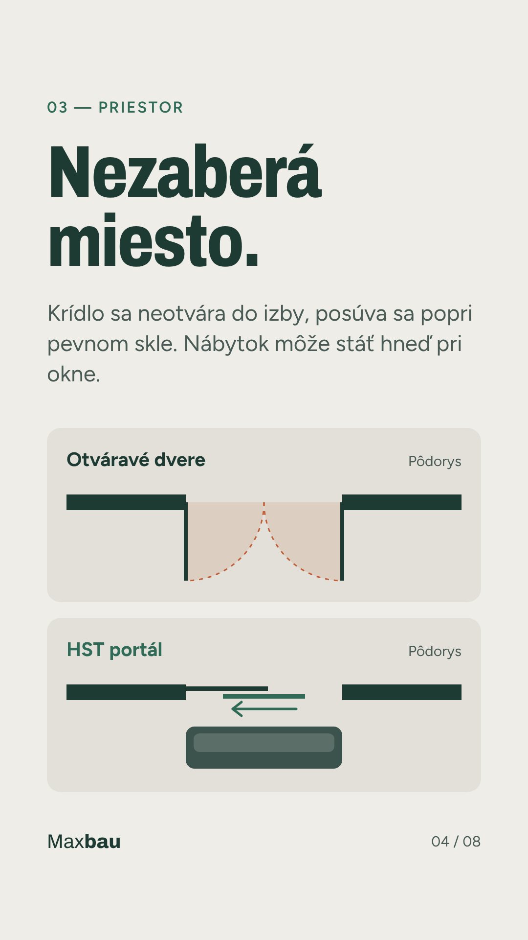 Nezaberá miesto – krídlo sa posúva popri pevnom skle