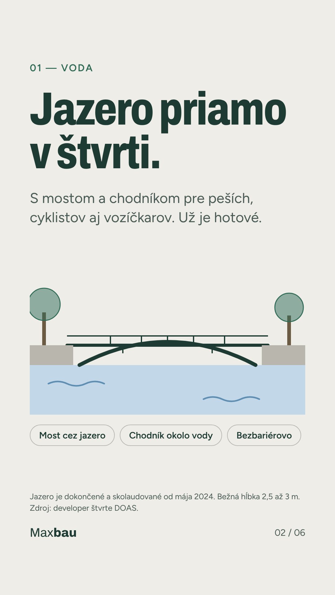 Jazero priamo v štvrti – s mostom a chodníkom, dokončené a skolaudované