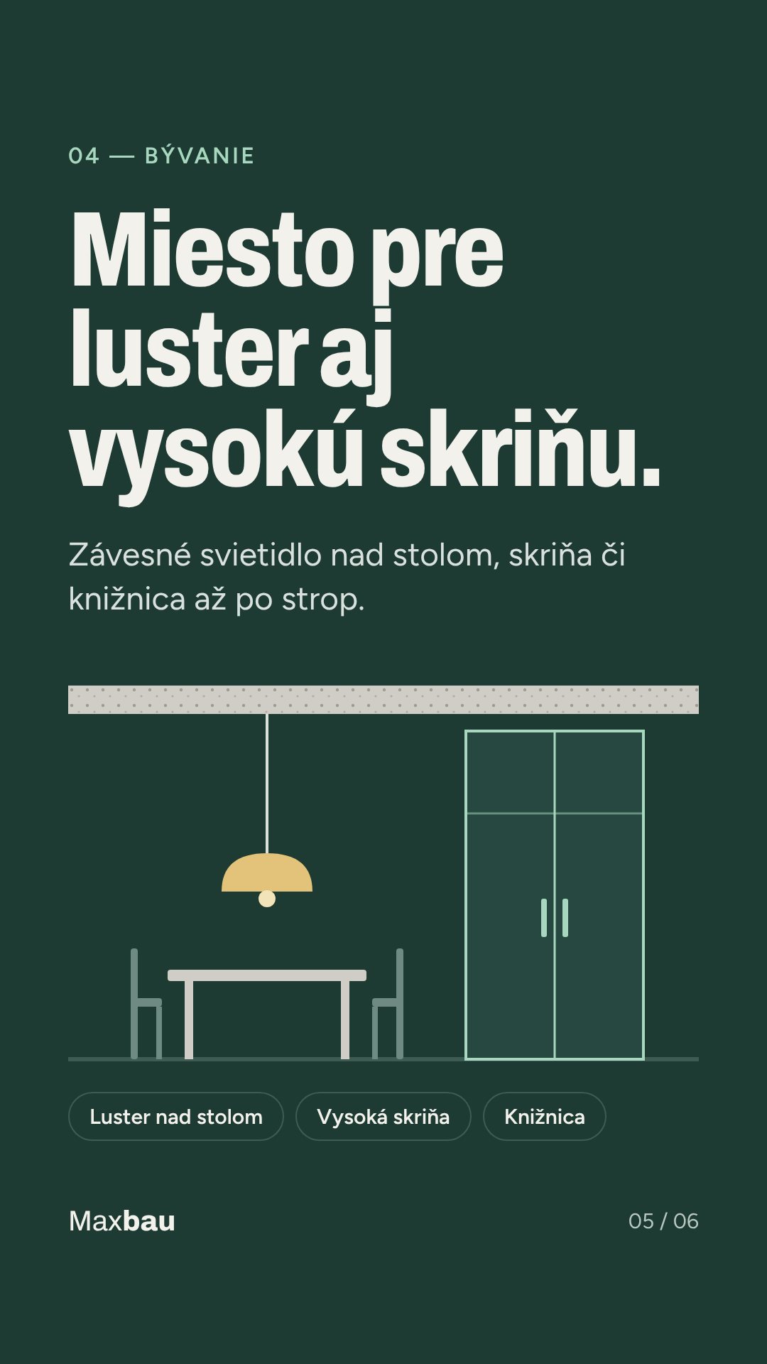 Miesto pre luster aj vysokú skriňu – závesné svietidlo, skriňa či knižnica až po strop